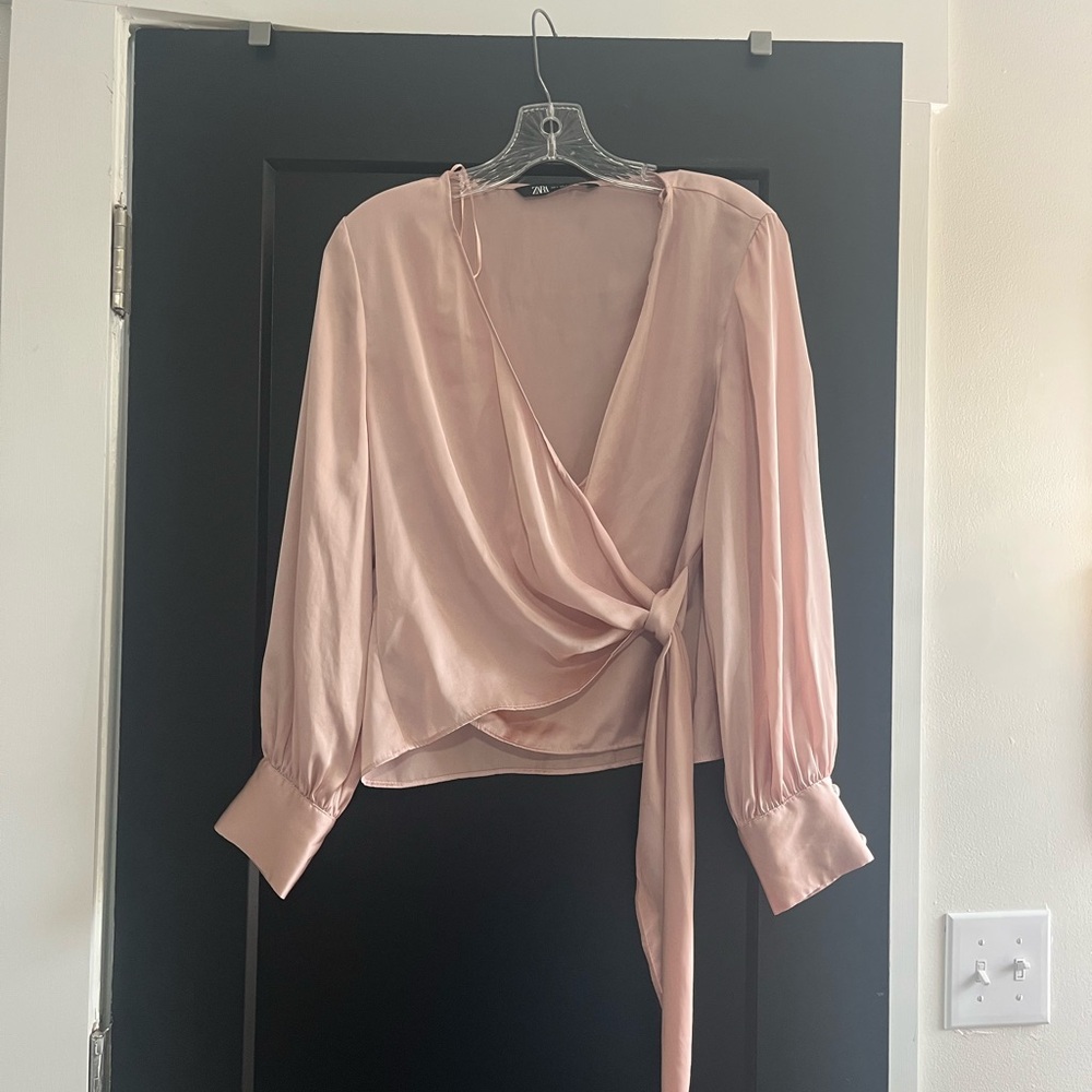 Zara Dusty Rose Satin Wrap Blouse